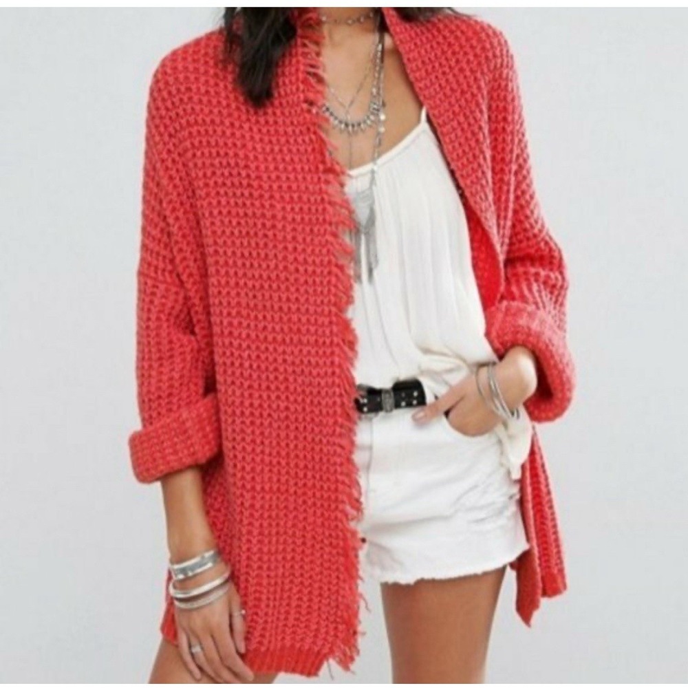 Free People‎ I'll Be Around Silk Cotton Waffle Fringe Sweater Oversized Small - Picture 2 of 11